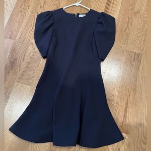 Navy Blue Ruffled Puff Sleeve A-Line Dress